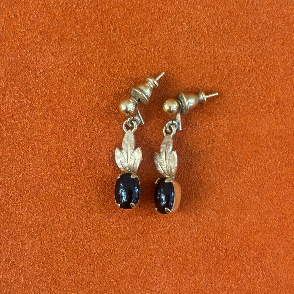 Vintage 12K Gold Filled Black Onyx Drop Earrings | Leaf Motif | 925 Accents